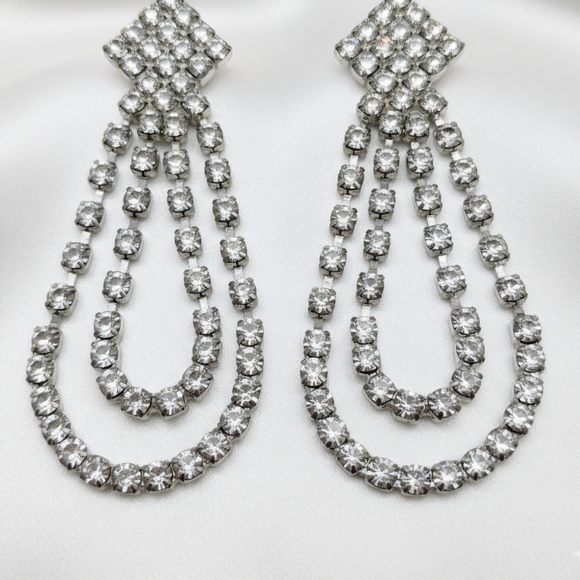 Vintage 3.25" Earrings Dangle Chandelier Clear Glass Rhinestones Silver Plated - Picture 10 of 14